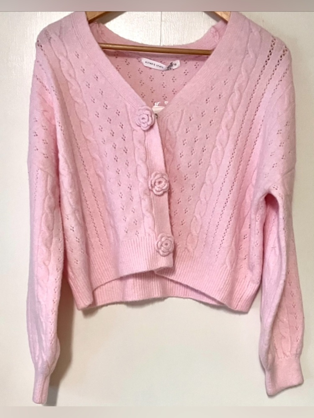 Altar'd State Light Pink Cropped Knit Cardigan with Rose Buttons: Medium - Picture 4 of 6
